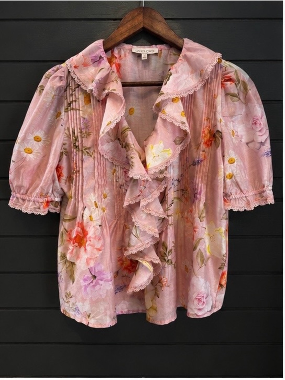 Lucky & Coco Romantic Floral Ruffle Blouse Cottagecore Coquette Pink Top S
